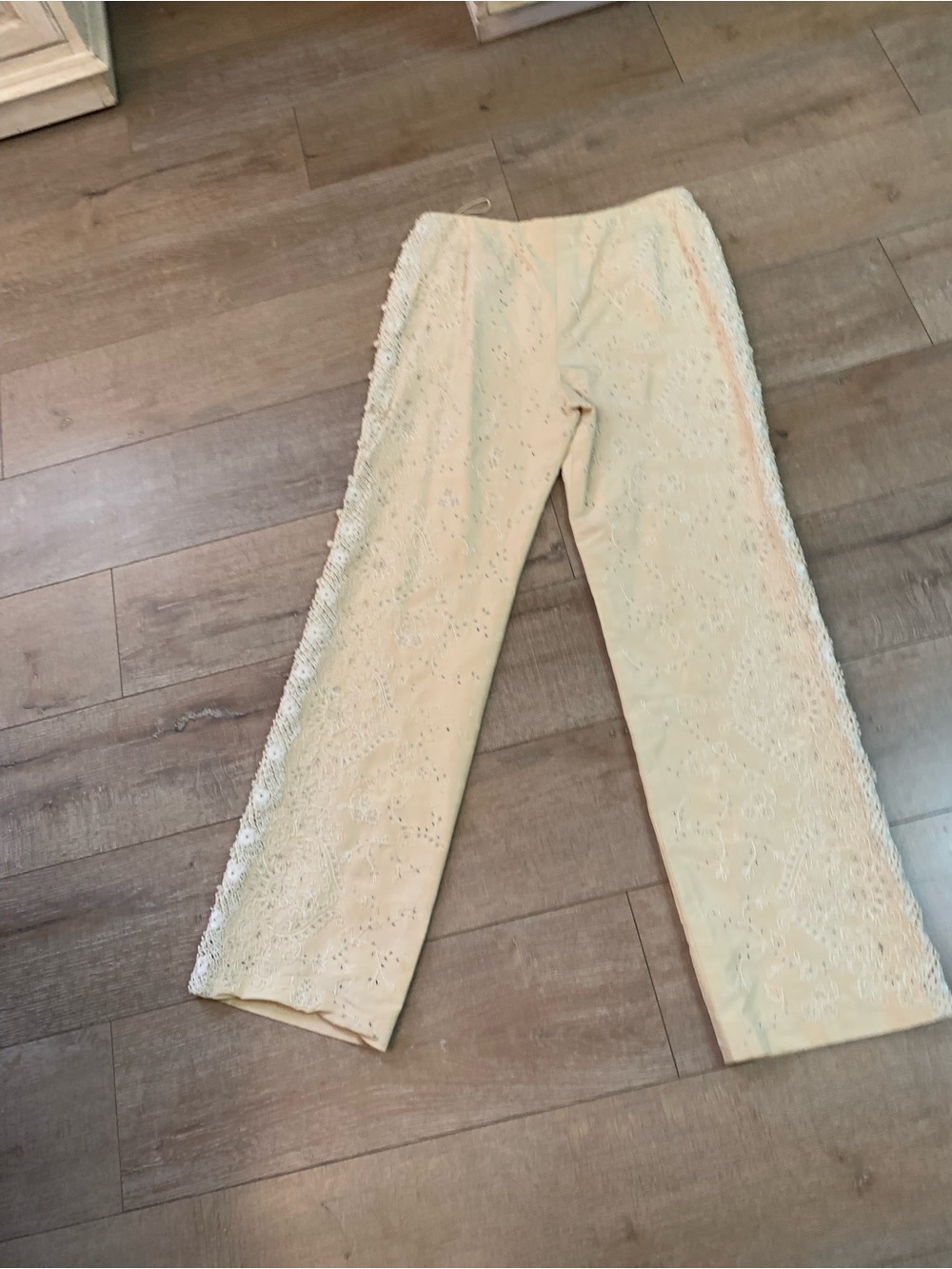 Oscar De Le Renta Saks Fifth Avenue Cream Flare Trousers with Beaded Trim